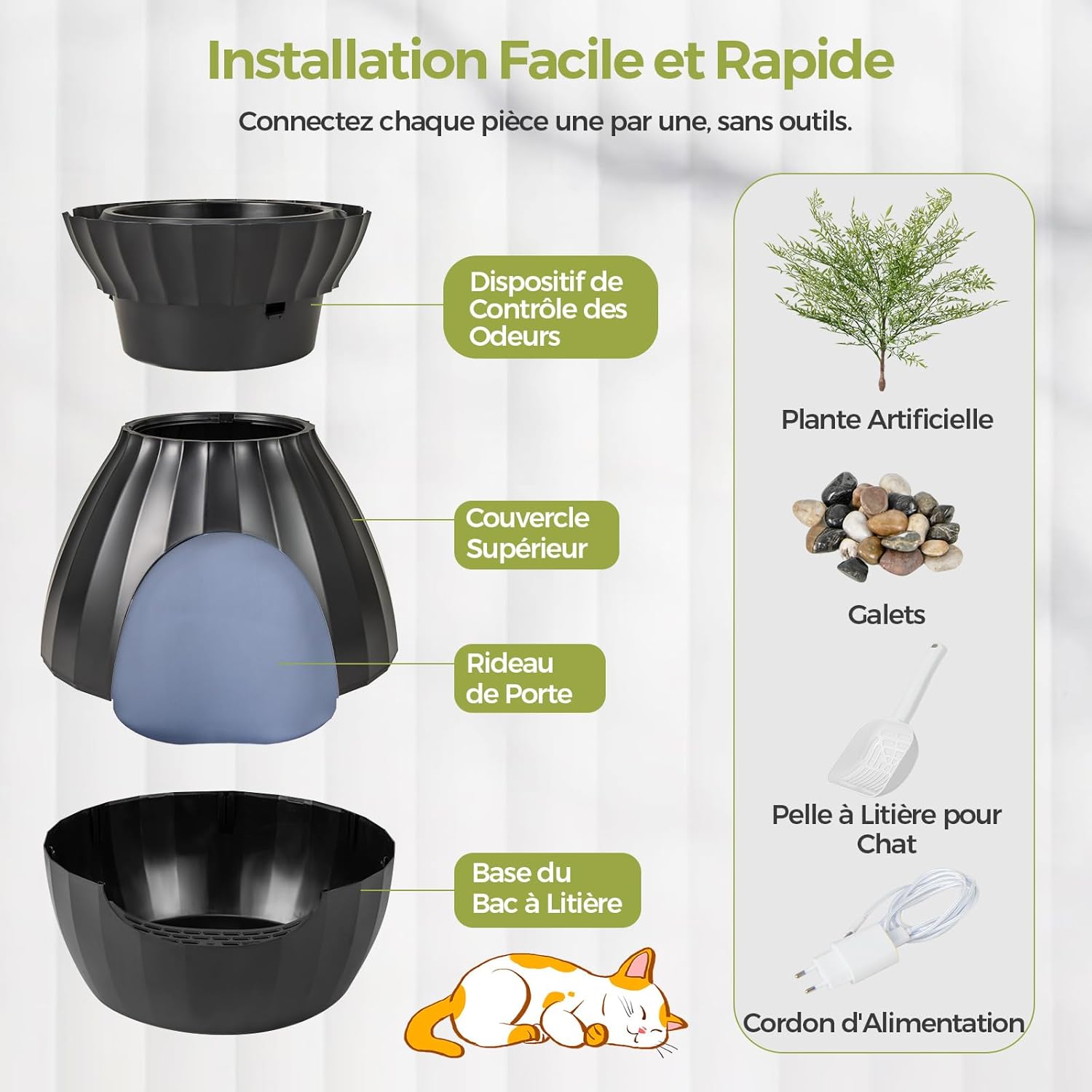 Caixa de areia para gatos XXL com desodorização iónica, caixa grande para gatos com 63 L e planta artificial verde, preta - 7