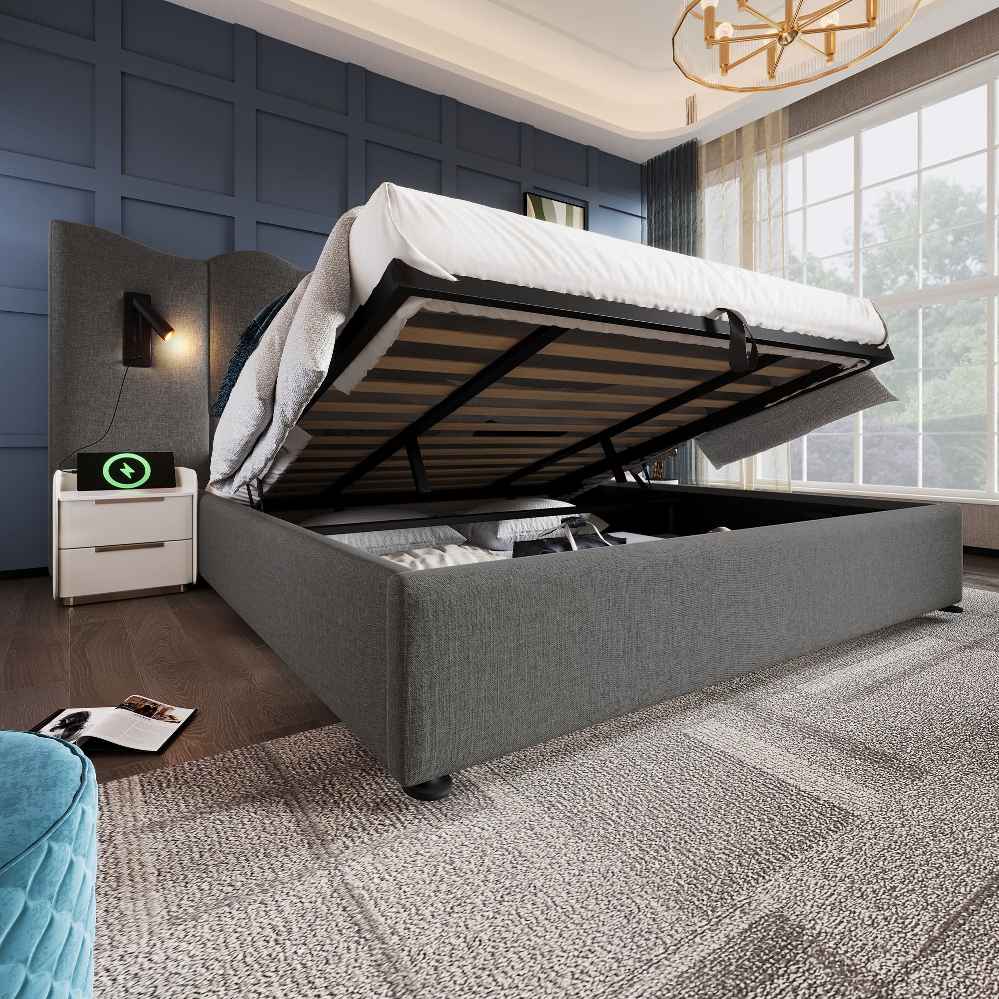 Lit double rembourré 180×200 cm avec lampe de lecture et fonction de charge USB Type-C, bois massif et métal, gris, sans matelas - 2