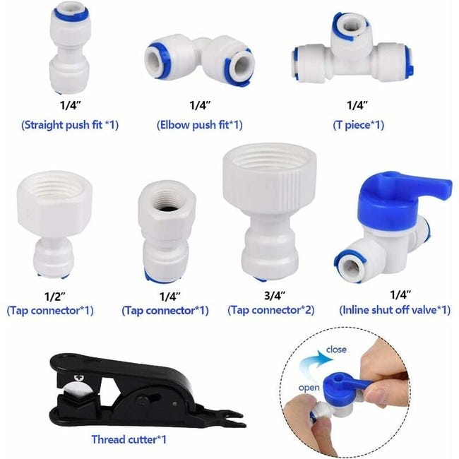 Kit Tuyau D'eau 1/4 + Raccords Rapides - 5 Mètres + Connecteurs Y,T,L, Robinet - Pour Réfrigérateur, Osmoseur, Aquarium - Alimentation Eau