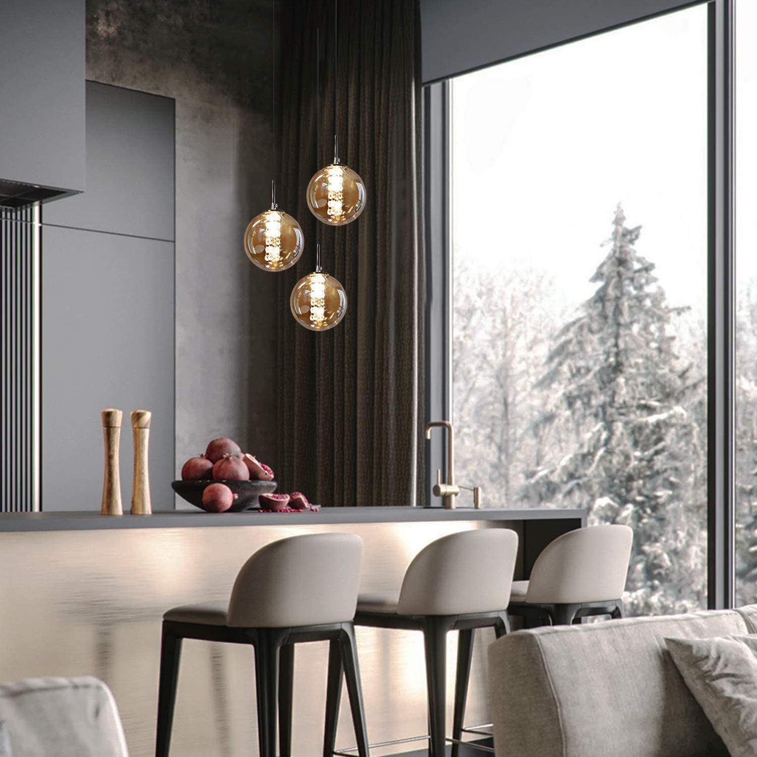 NETTLIFE Suspension en verre ambre Diam.28cm G9 lustre réglable en hauteur 3 lampes en ambre cuisine lampe de salon lampe de chambre lampe - 3