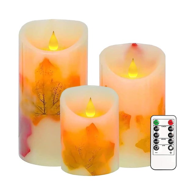 Lot de 3 bougies LED vacillantes avec télécommande et minuterie, à intensité variable, bougies électriques pour automne, Halloween, Thanksgiving, déco