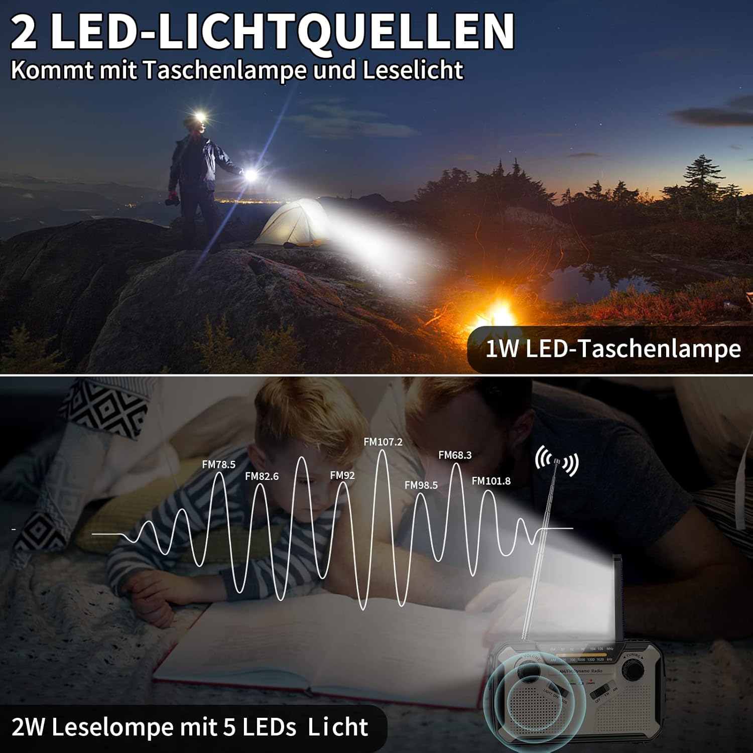 Rádio Solar, Rádio de Emergência Portátil AM/FM com Dínamo de Manivela, Lanterna LED, Alarme SOS para Camping, Emergência/Exterior (Cinza*1） - 2