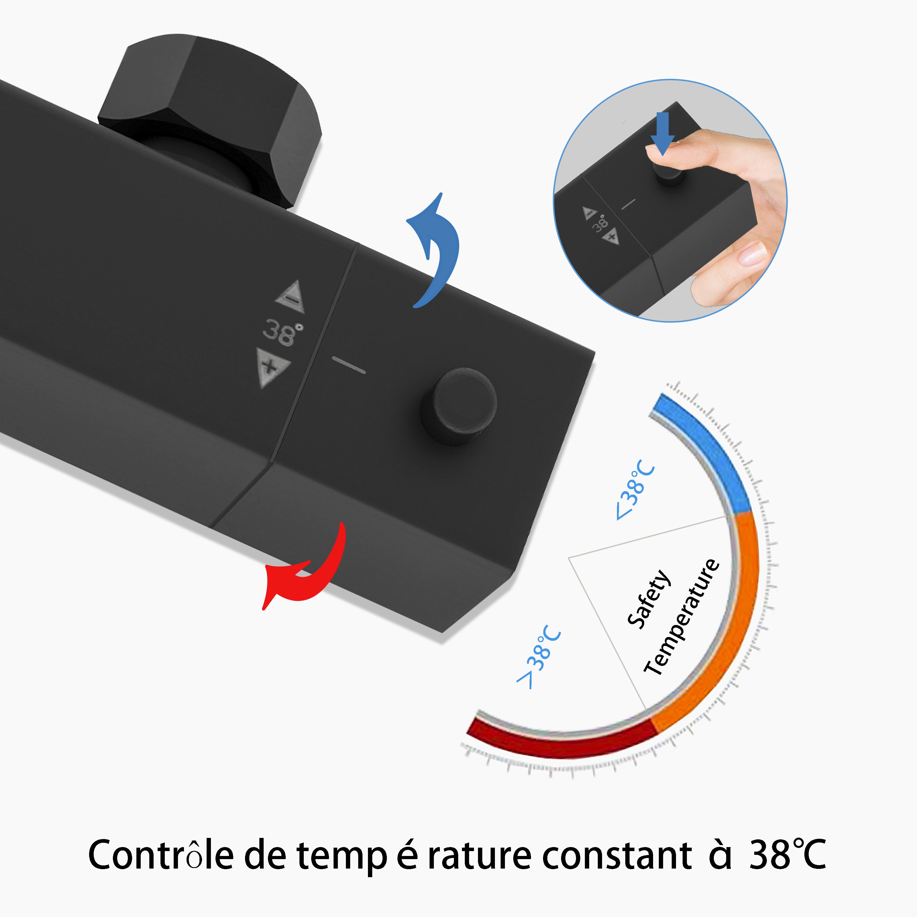 OCEAN Colonne de douche thermostatique, douchette carrée 200 mm + douchette, réglable en hauteur, noir mat - 5