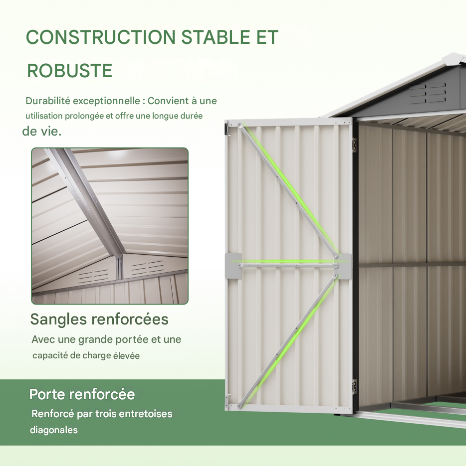 Abri de jardin en métal, dimensions142x185cm,avec trous de ventilation,comprenant une base en métal et une porte verrouillable. Gris - 5