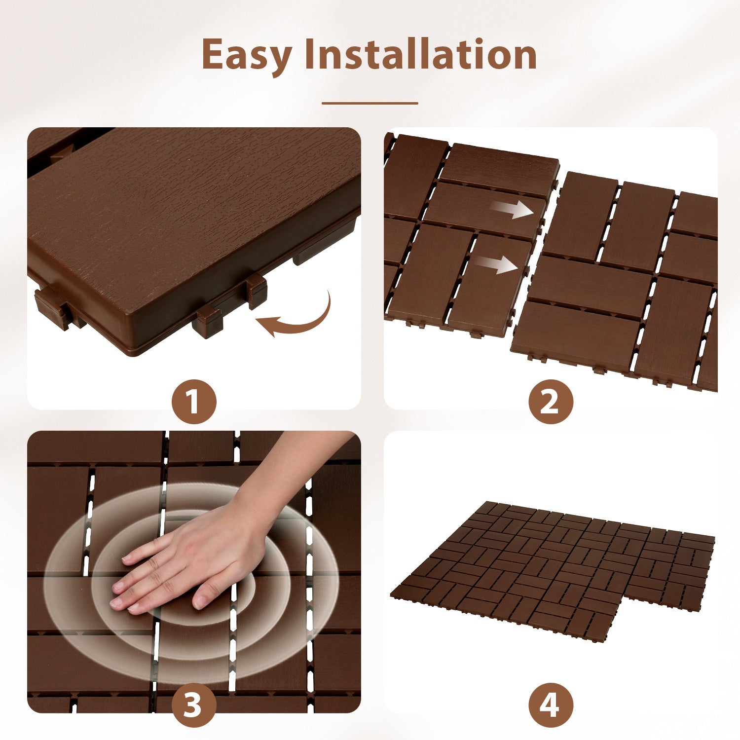 Sol terrasse jardin clipsable – Dalles plastiques résistantes pour usage extérieur 77 pcs（7㎡） Marron - 6