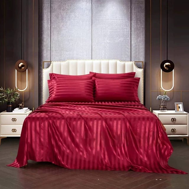 4 Pièces - Housse de Matelas153*203cm + Drap Plat + 2 Taies d'Oreiller - Coton Respirant - Design Rayé Tendence