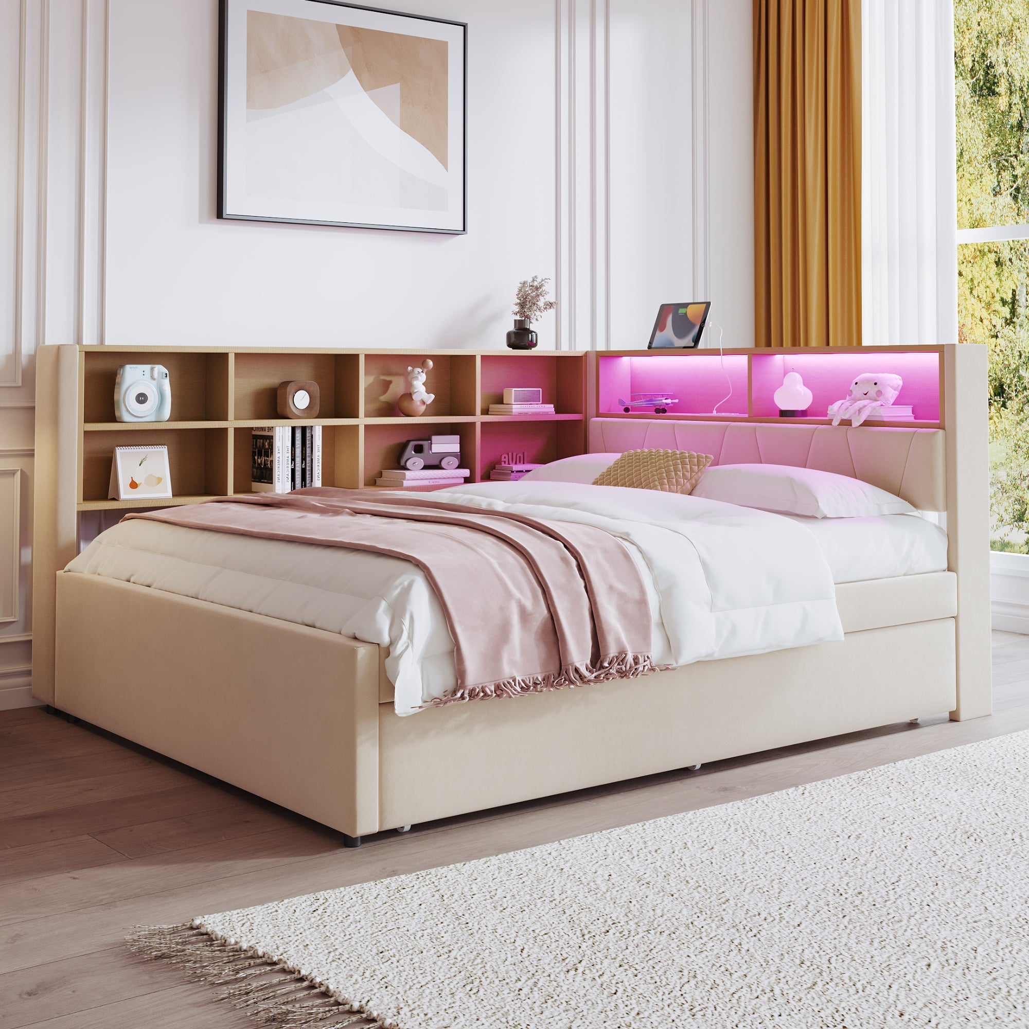 Canapé-lit 2 En 1 En L Avec Lit Gigogne - 140x200 Cm + 90x190 Cm - Velours Beige, Sans Matelas - Pour Enfant/Ado