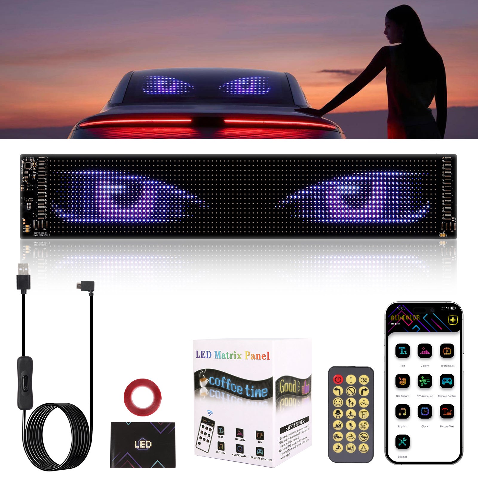 LOVHAUS Écran LED Souple Adhésif 16x96 Pixels—1536 LED RGB, contrôle ...