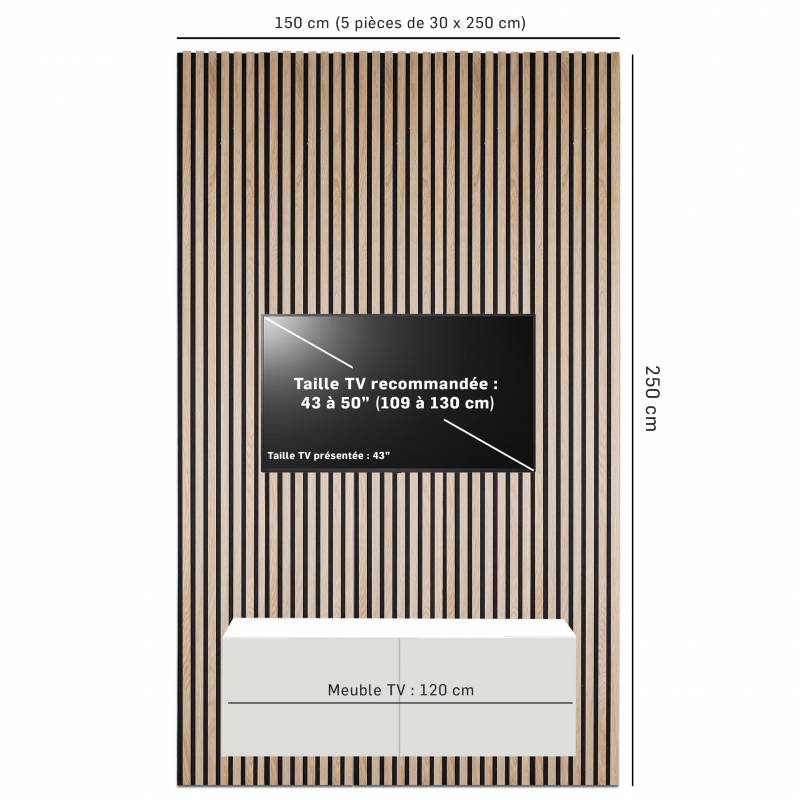 Lot de 5 panneaux tasseaux bois 250x30x1 cm - Pack Mur TV bois 150cm - Lamelles chêne clair véritable fond noir - 3,75m² - 3