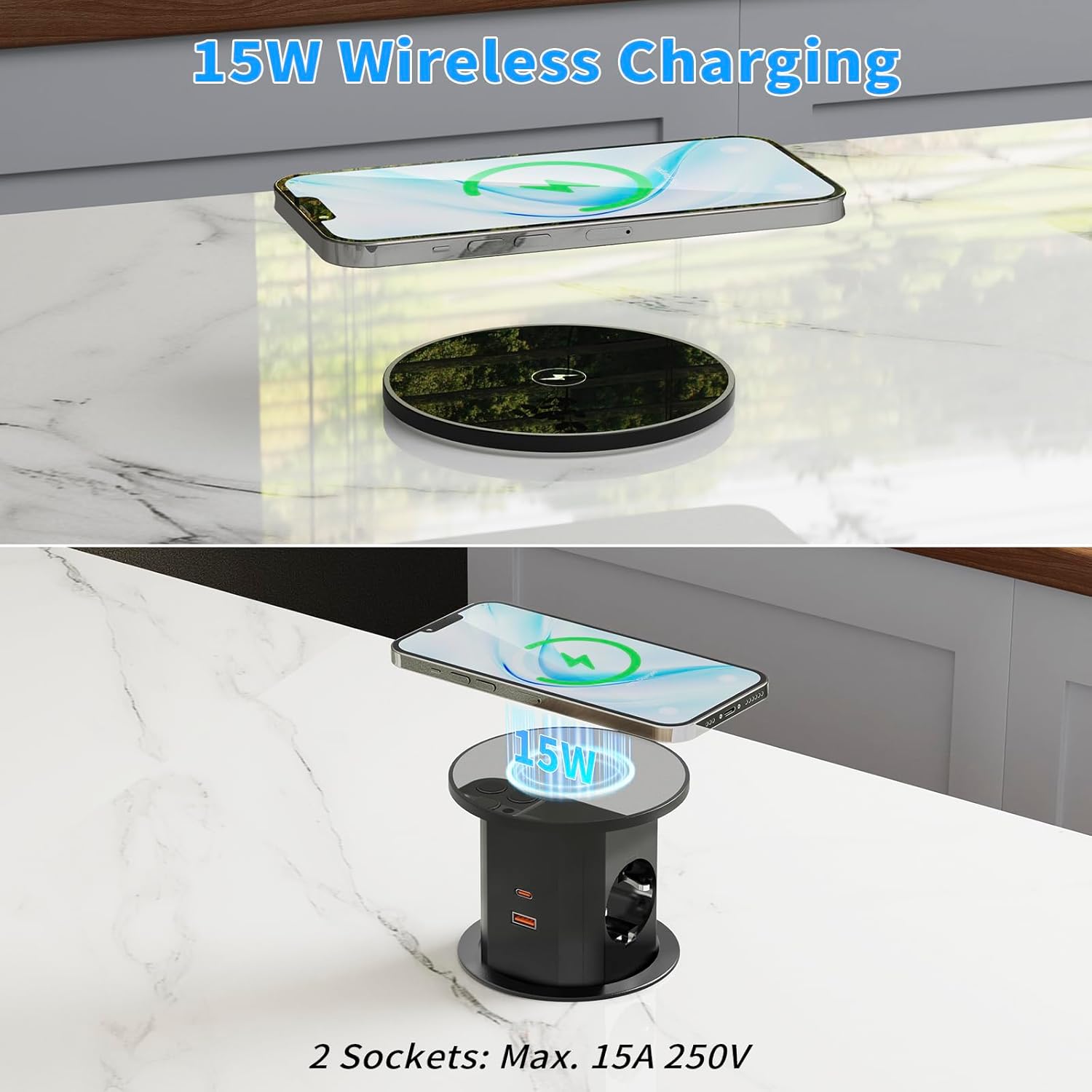 Prise électrique standard européenne avec charge sans fil 15 W, interrupteur, port USB-C de bureau, 1,8 m intégré - 2