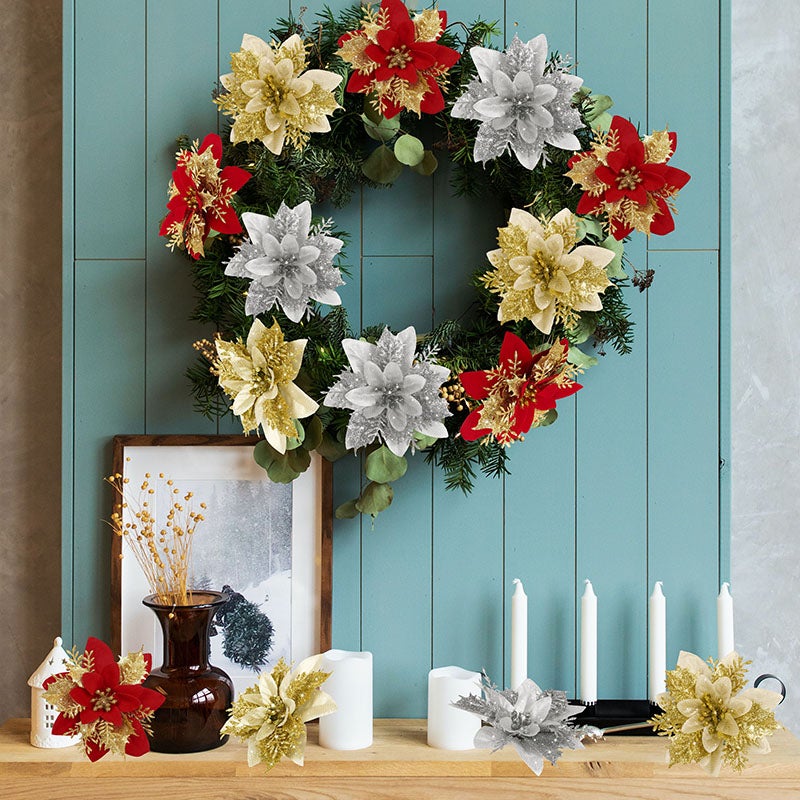 Lot de 15 décorations de Noël, fleurs artificielles scintillantes avec clips, décorations pour sapin de Noël, pendentifs de fleurs artificielles - 6