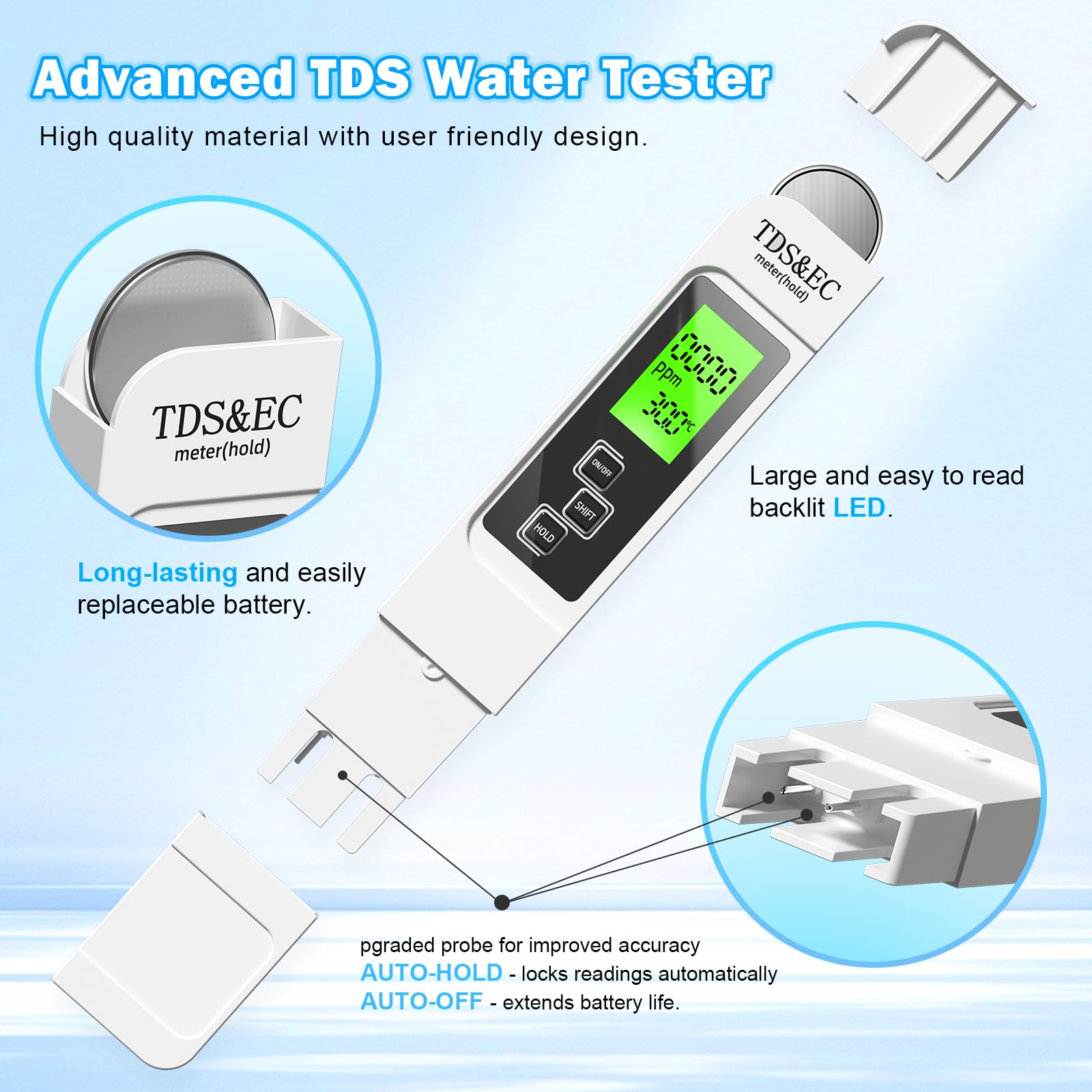 Tester per acqua TDS 4 in 1 - TDS EC e termometro (°C, °F), kit per test della qualità dell'acqua acqua potabile,acqua del rubinetto,pozzo, piscina - 2
