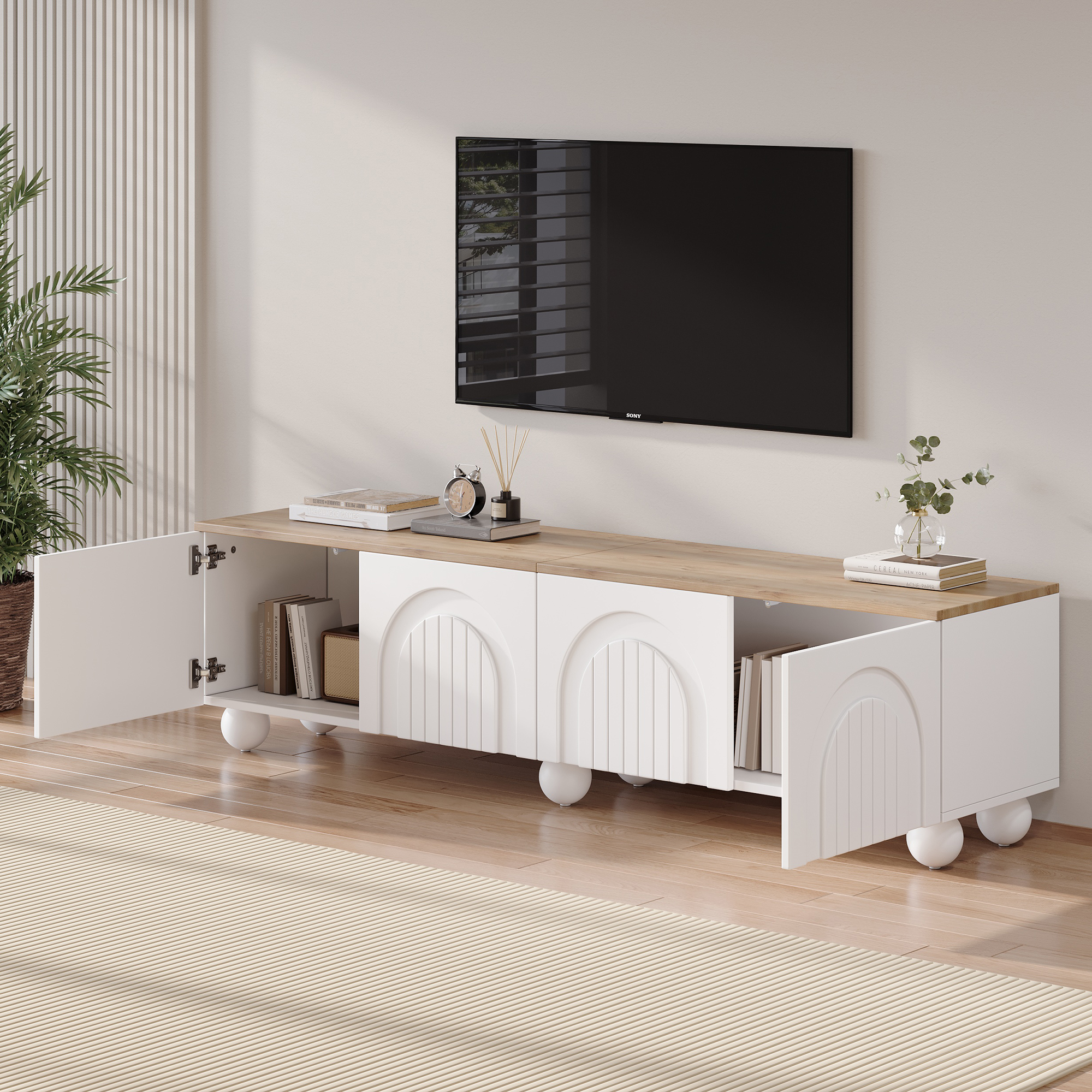 Meuble TV avec 4 portes pour tv 80 pouces - 180 x 40 x 45 cm - MDF - pour salon ou chambre - Blanc + Chêne - 3