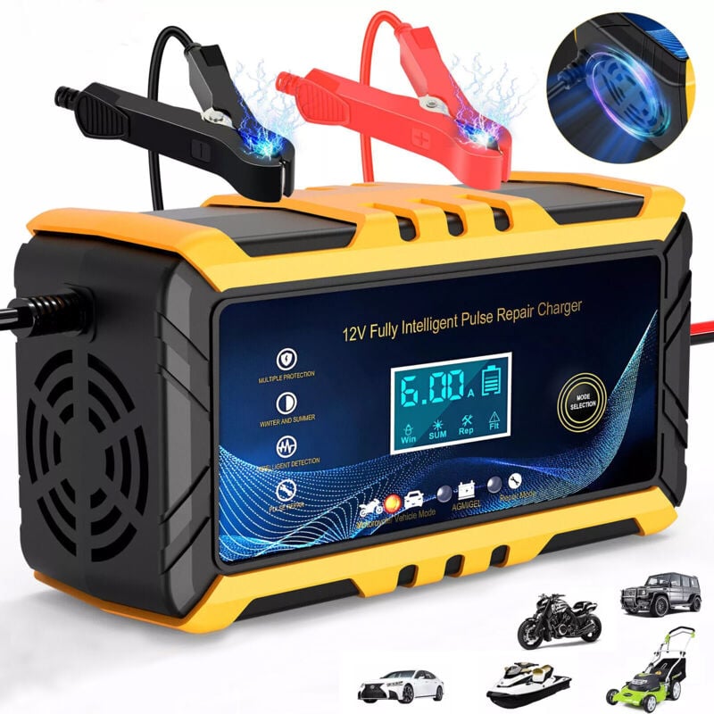 Ładowarka akumulatora samochodowego – Inteligentna ładowarka akumulatora 12 V/6 A, ekran LCD, podtrzymywacz ładowania akumulatora, czarno-żółta
