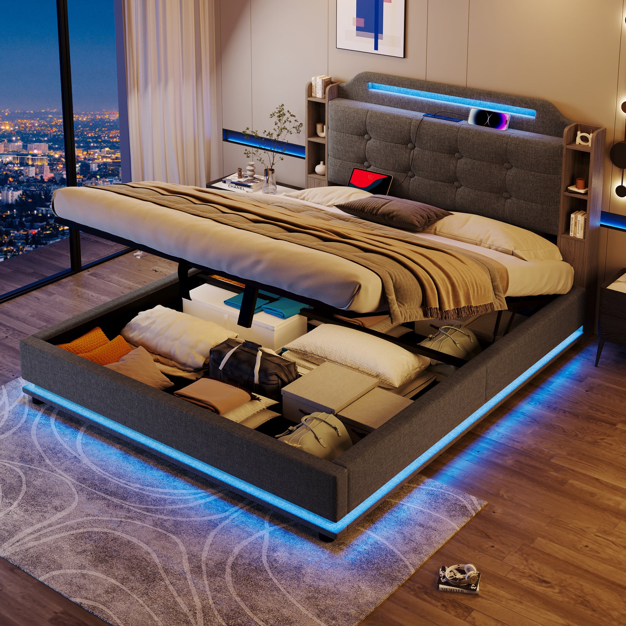 Tapicerowane łóżko skrzyniowe 140x200cm - z oświetleniem LED - ze schowkiem - USB+TYPE-C - pościel - beżowe (bez materaca)