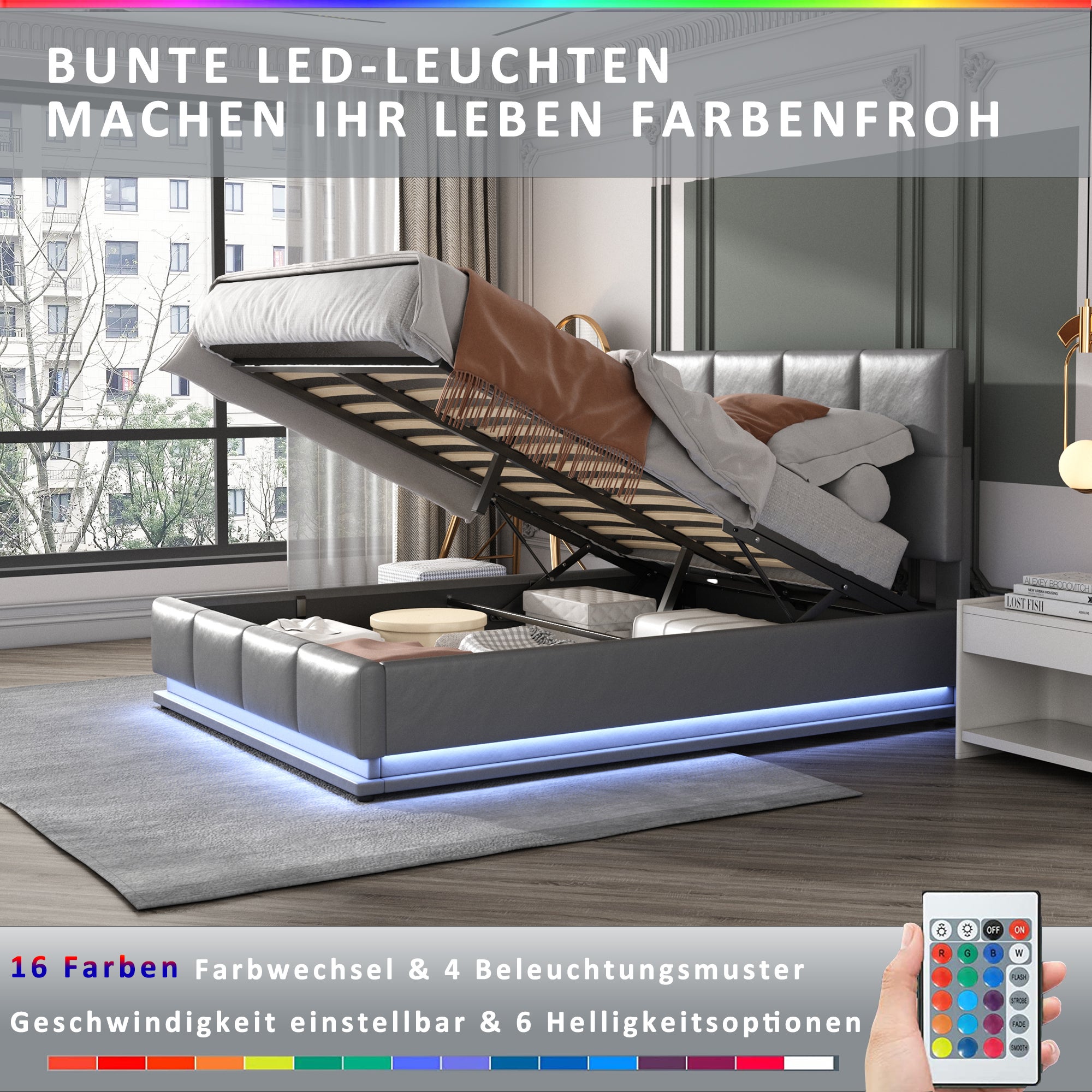 Łóżko 160x200cm z ekoskóry z LED + stelaż z listew + regulowane wezgłowie - Szare - 9