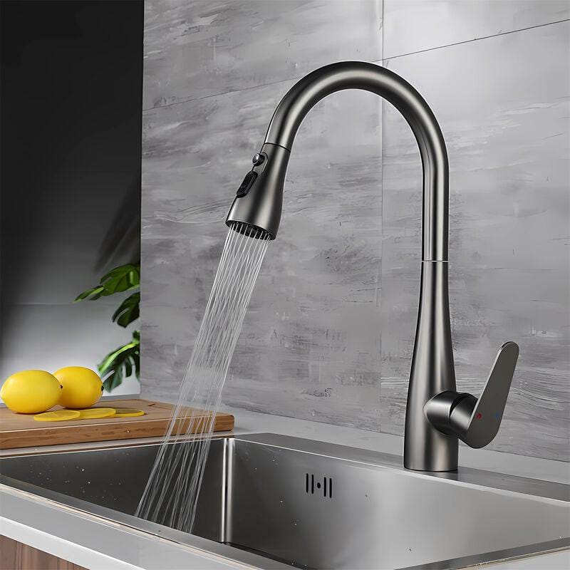 Grifo de cocina gris con rociador extensible, modos de salida de