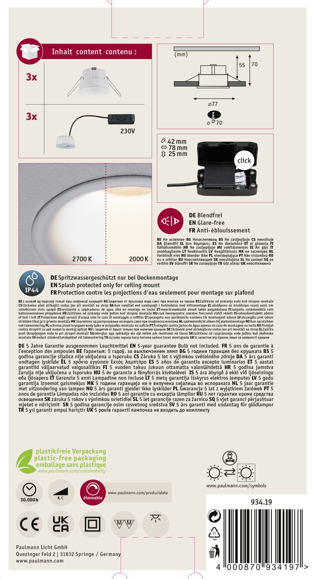 Spot encastré LED Cymbal Coin Kit de base IP44 rond 77mm Coin 3x6W 3x440lm 230V gradable Dim to warm Blanc dépoli - 5