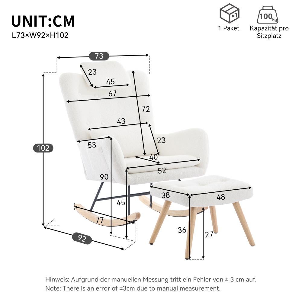 Fauteuil à bascule moderne blanc en tissu teddy avec repose-pieds, chaise de relaxation salon chambre confortable, capacité 100 kg - 8