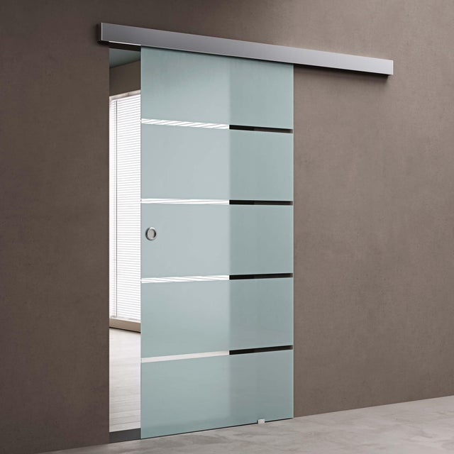 Porte Coulissante d'Intérieur, Verre de Sécurité Bandes Opaques, 102,5x205cm, avec Amortisseur, Distance Mur 15mm, Poignée Ronde, Amalfi11 doporro
