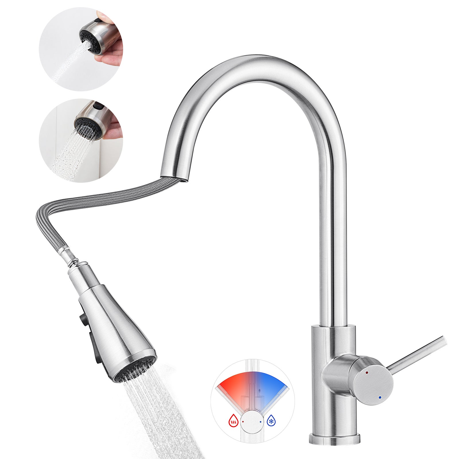 Brossé Mitigeur Evier Avec Douchette Extractible - Robinet de Cuisine à 2 Modes de Pulvérisat - Mitigeur Evier Avec Barboteur Démotable - 2