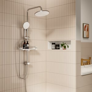 Colonne de douche sans mitigeur avec douchette, tête pluie, 3 jets et tablette rétractable S'AFIELINA