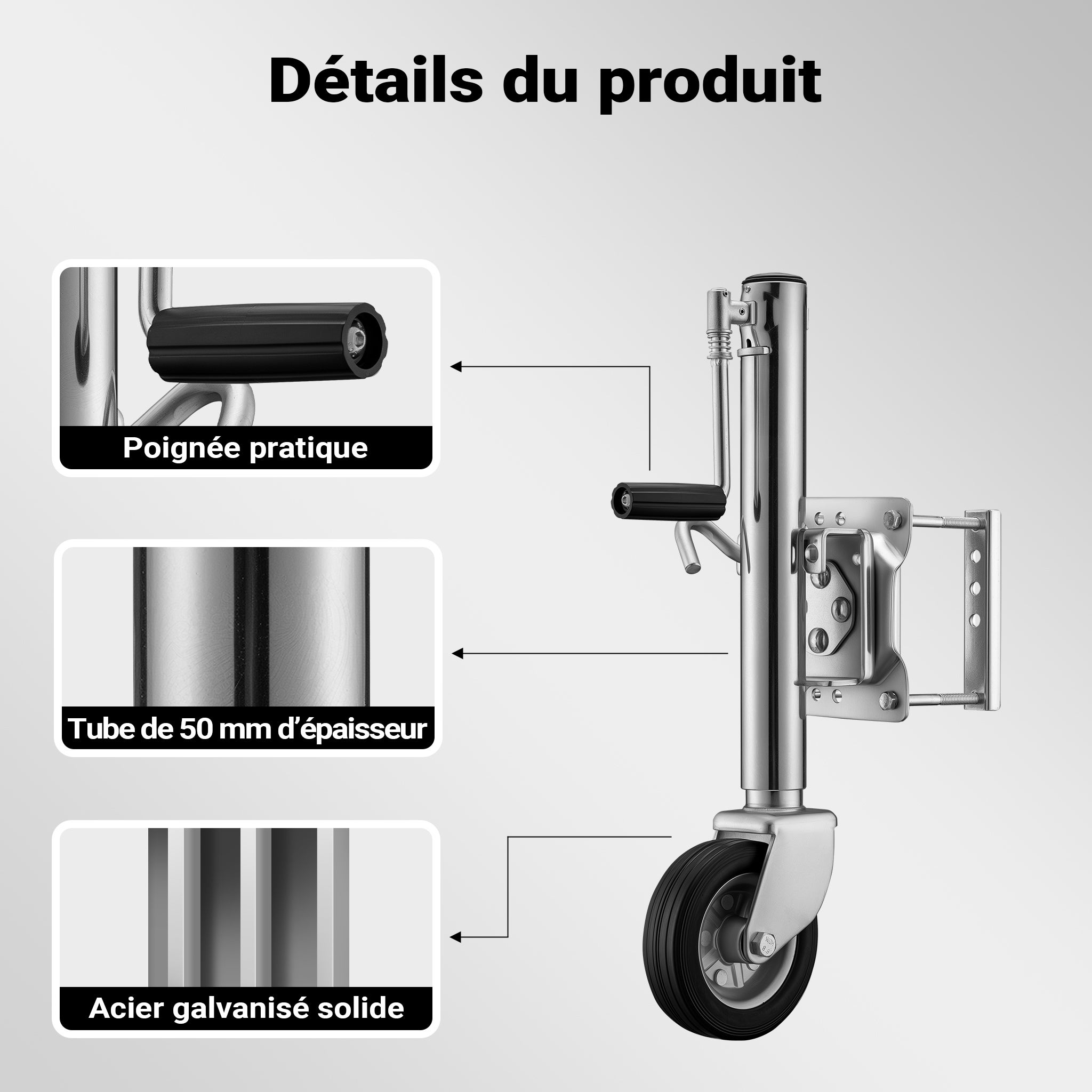 Roue jockey Charge lourde – Capacité max. 540 kg – Hauteur de levage max. 260 mm – en Acier galvanisé – avec Manivelle – Roulette avant… XPOtool - 7