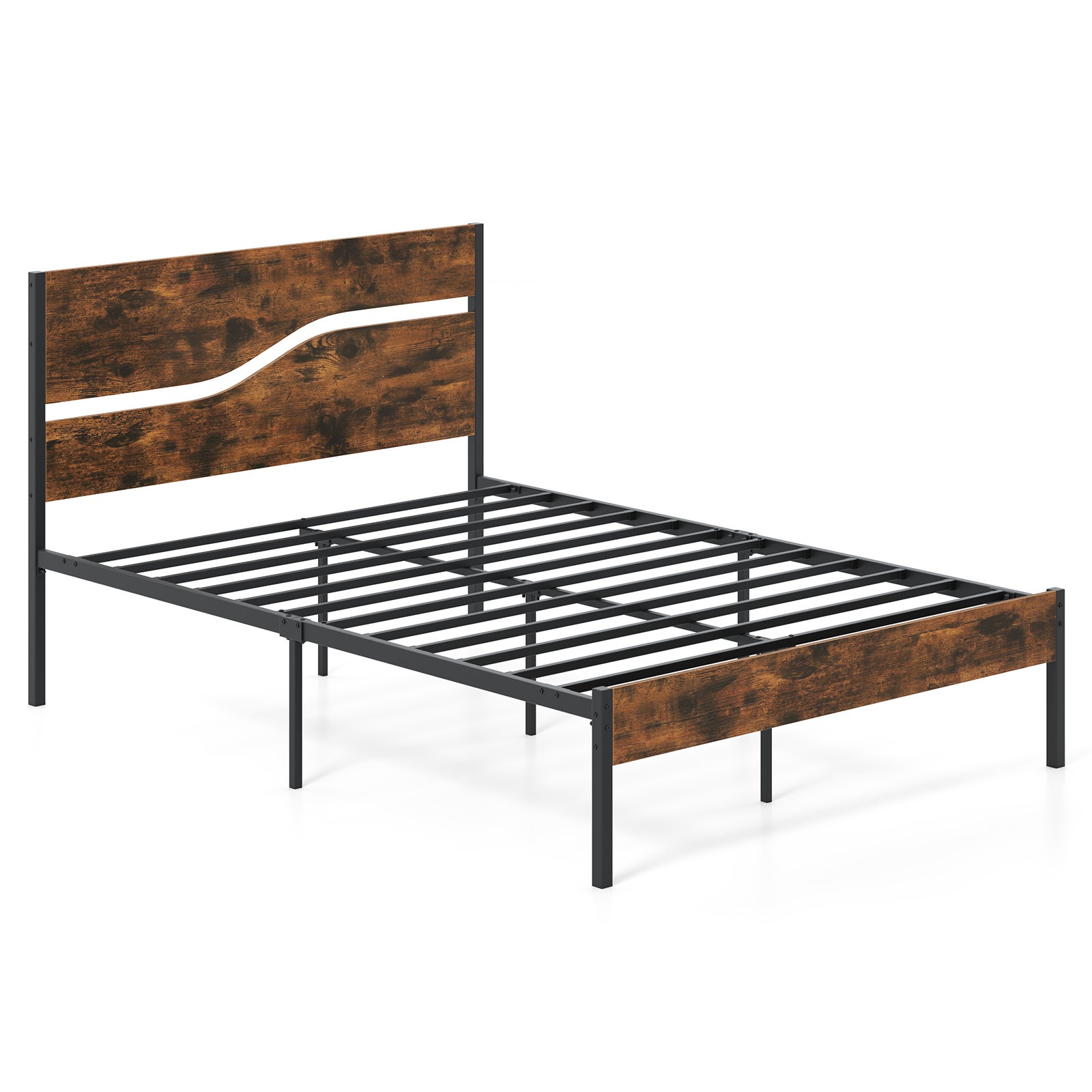 Metalowa rama łóżka na materac 200 x 140 cm, przemysłowe łóżko platformowe z drewnianym zagłówkiem i podnóżkiem, stelaż podwójny, rustykalny