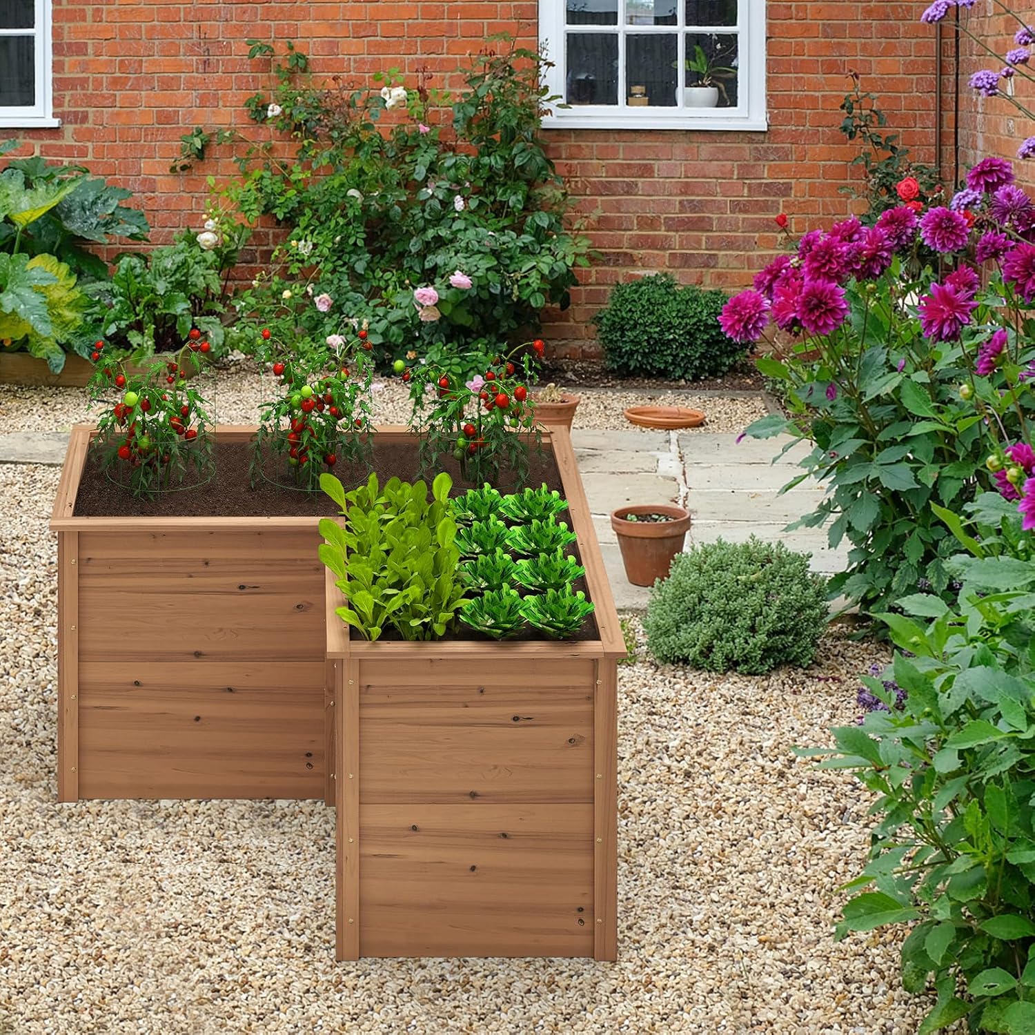 Carré Potager Jardinière en Bois de Sapin Base Ouverte en L, Jardinière Surélevée pour Légumes Fruits, 120 x 120 x 62 cm (Marron) - 8