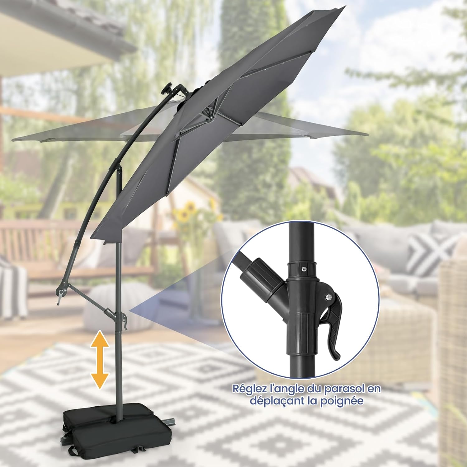 Guarda-chuva offset 3x3m, grande guarda-chuva cinza - 9