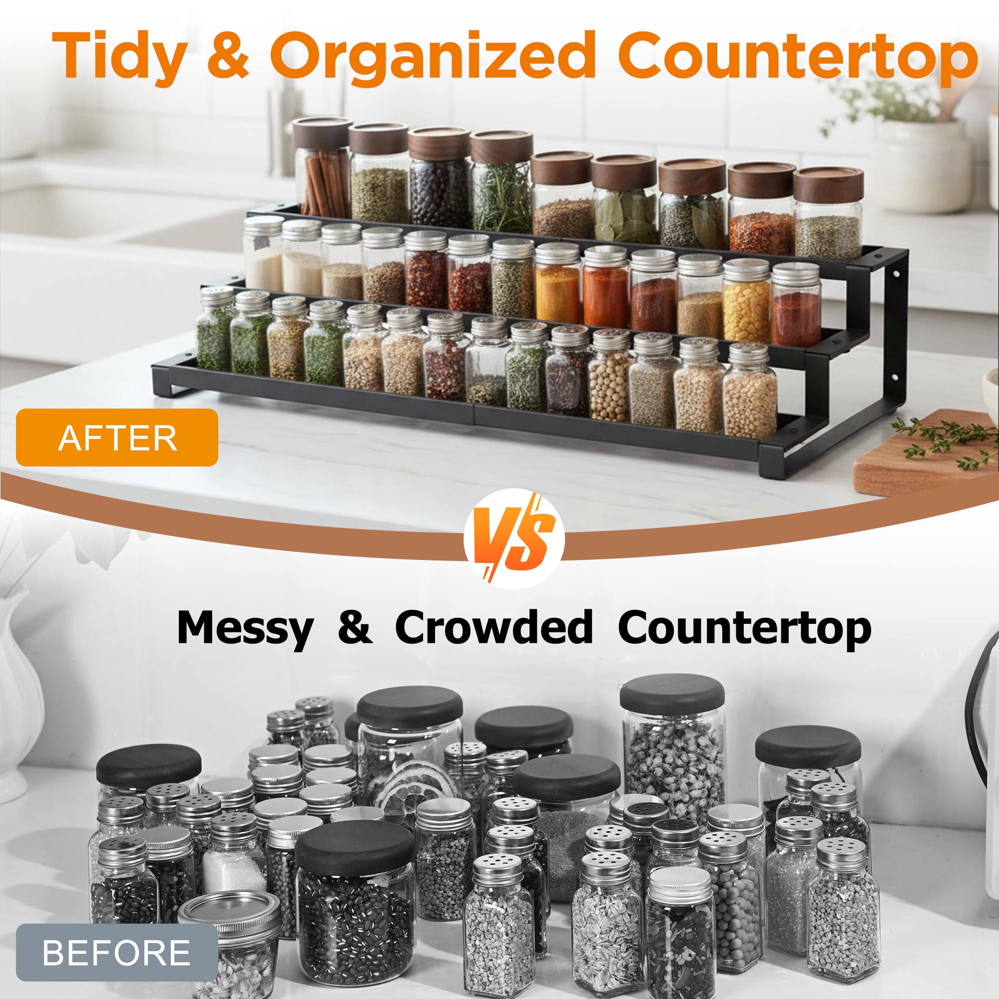 Porta spezie a 3 livelli per mobile da cucina, ripiano espandibile per spezie da 36,8-66,5 cm, organizer per condimenti, ripiano espositivo in metallo - 4