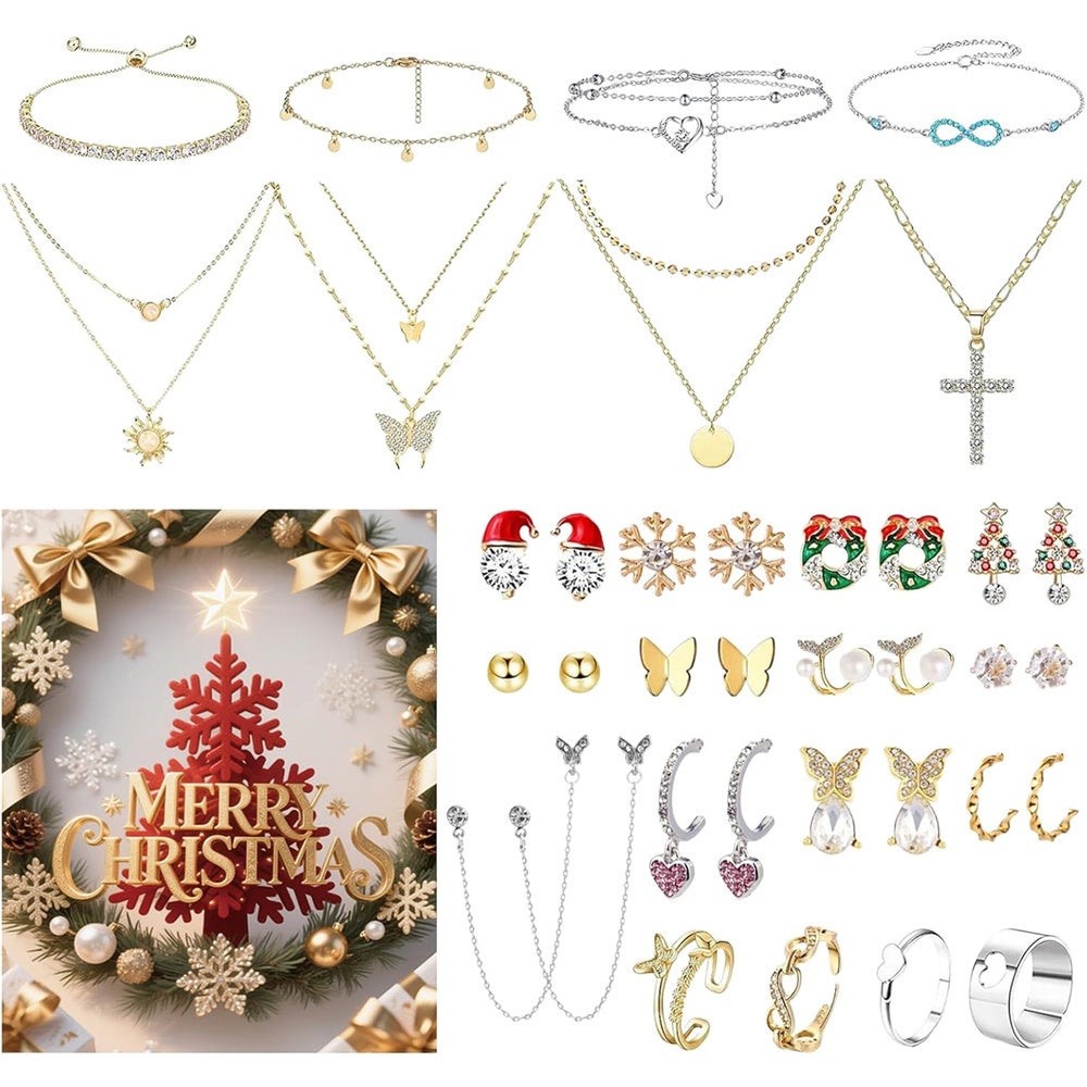 Calendario dell'Avvento a 24 scomparti con gioielli, materiale in lega, calendario dell'Avvento di 24 giorni, set di bigiotteria natalizia - 8