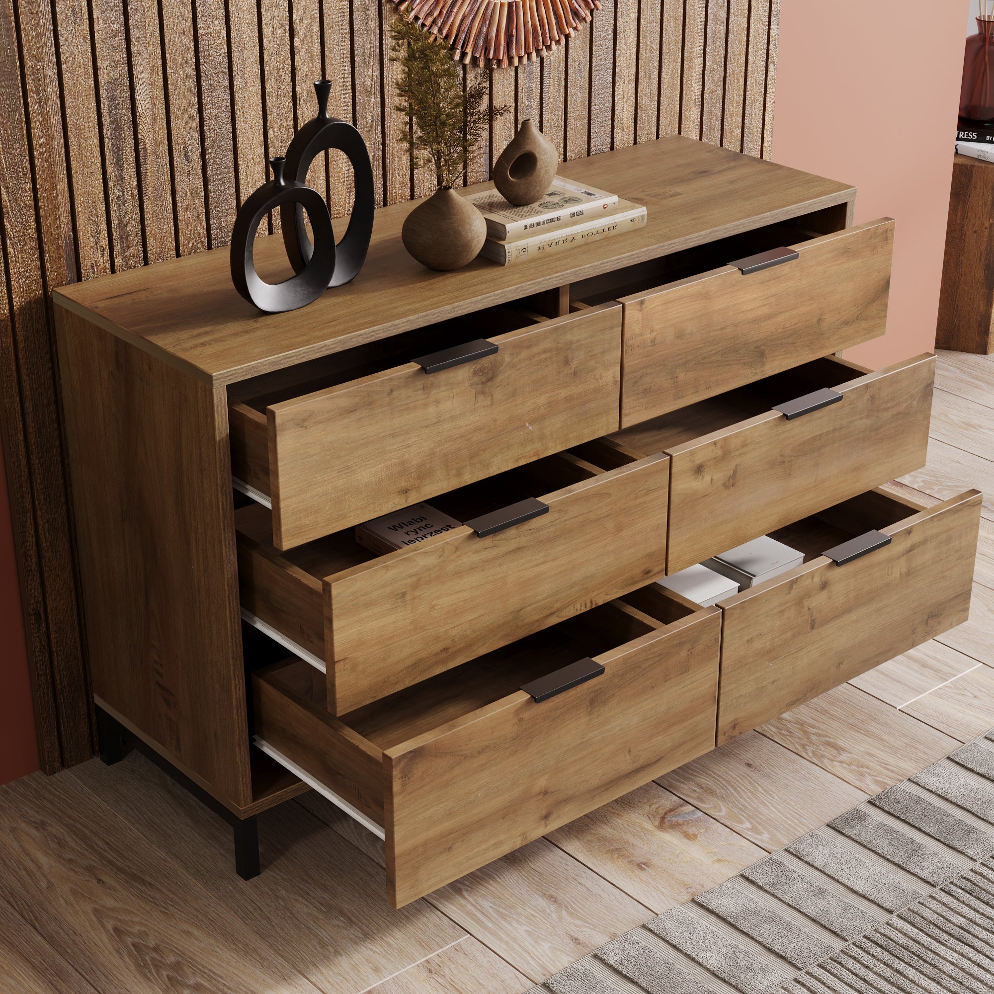 Commode Buffet 6 Tiroirs - Avec Structure Robuste Bois et Métal ...