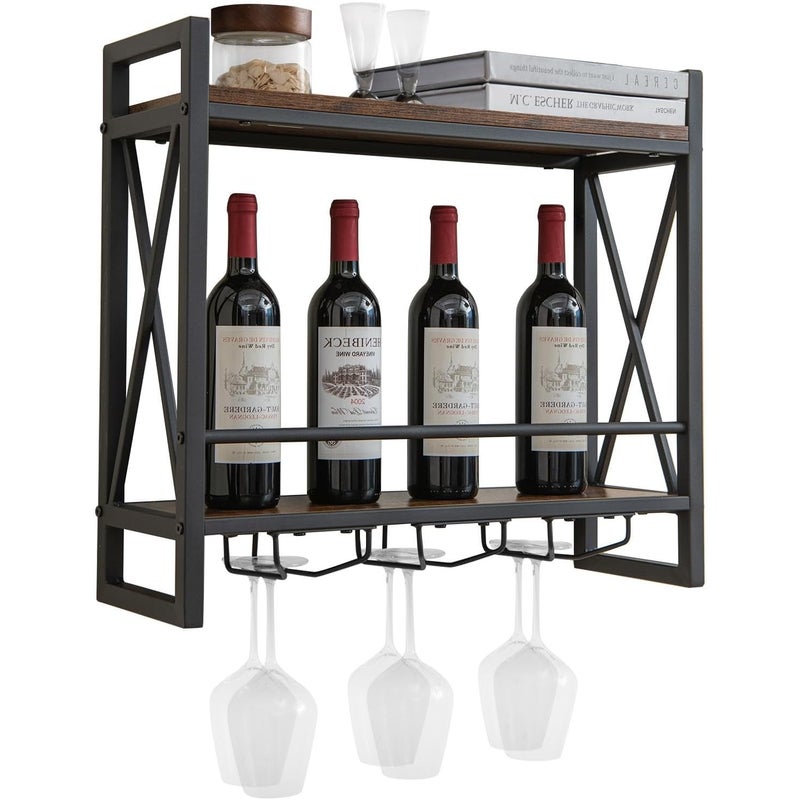 Regał ścienny na wino, 2 poziomy, regał na butelki z metalową ramą, z 3 rzędami uchwytów na kieliszki do wina, industrialny design, restauracji