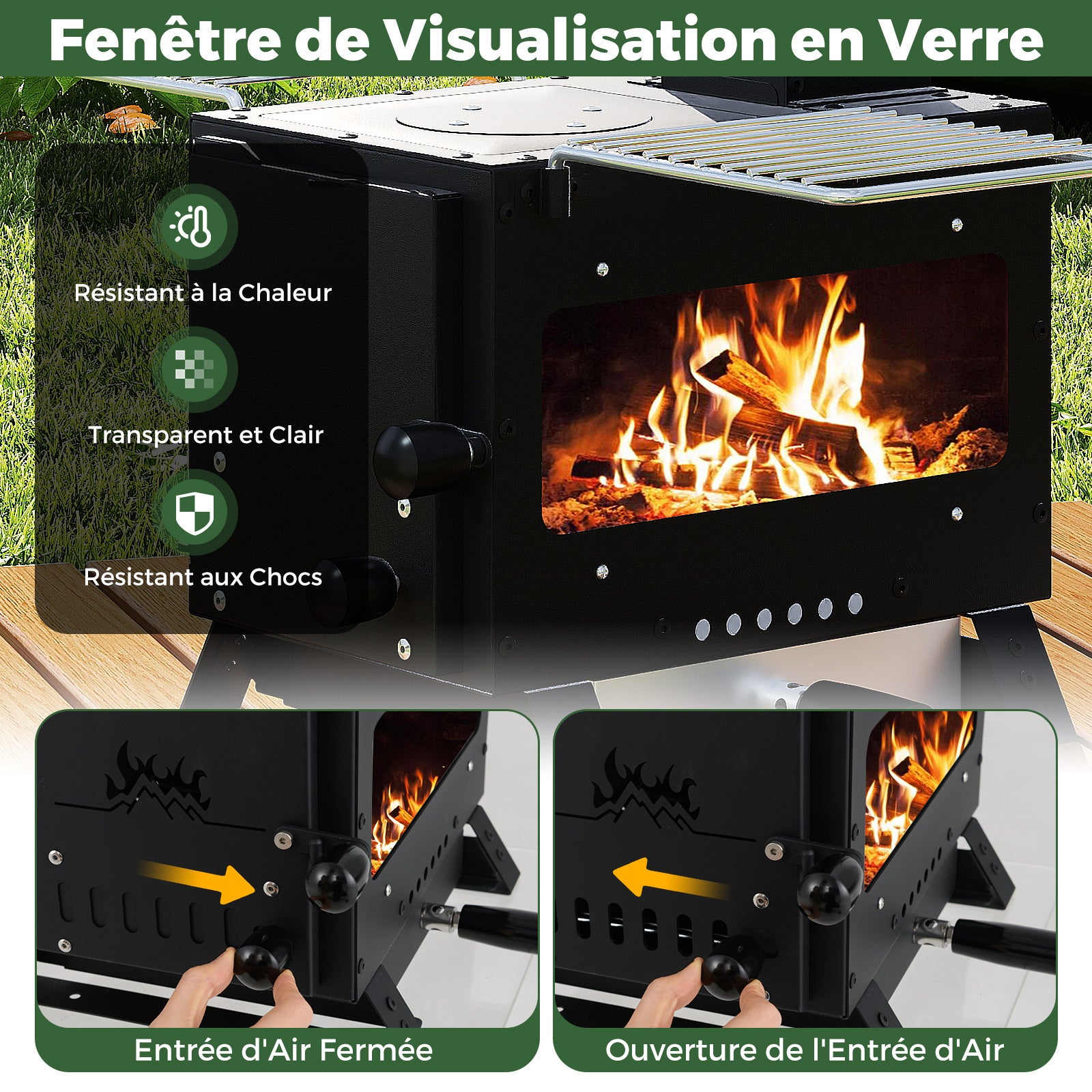 Mini Poêle à Bois Portable avec 2 Grilles, Mini-brûleur Réchaud à Bois avec Vitre pour Camping, Pique-nique, Pêche et Barbecue, 54 x 36 x 44 cm - 6