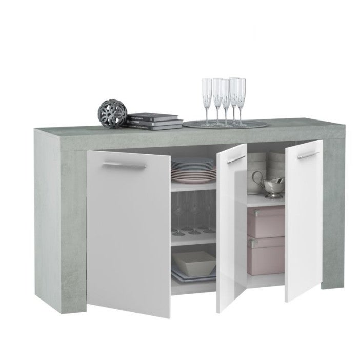 Buffet WENDY 3 portes L144cm - Blanc / Béton - 4