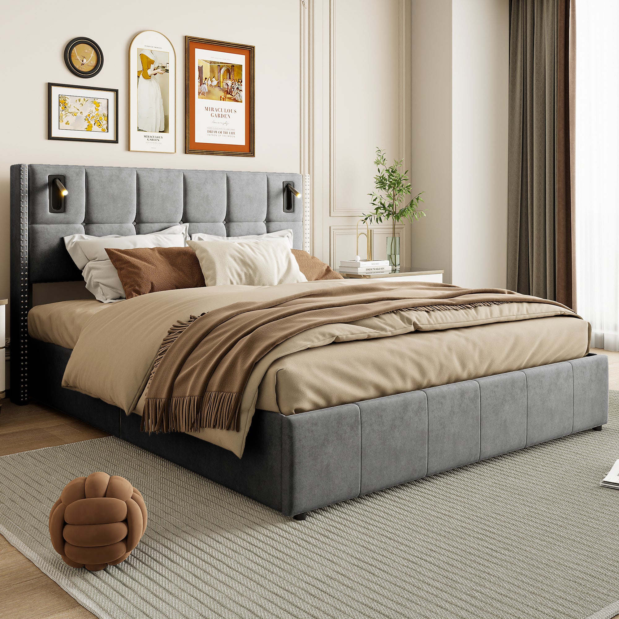 Lit Rembourré 140x200cm avec sommier à lattes & liseuses, lit coffre lit double, velours, gris - 2