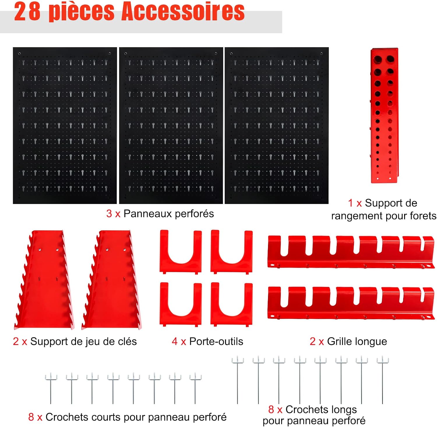 Organizador de parede com painel perfurado, kit de arrumação de ferramentas em metal - 4