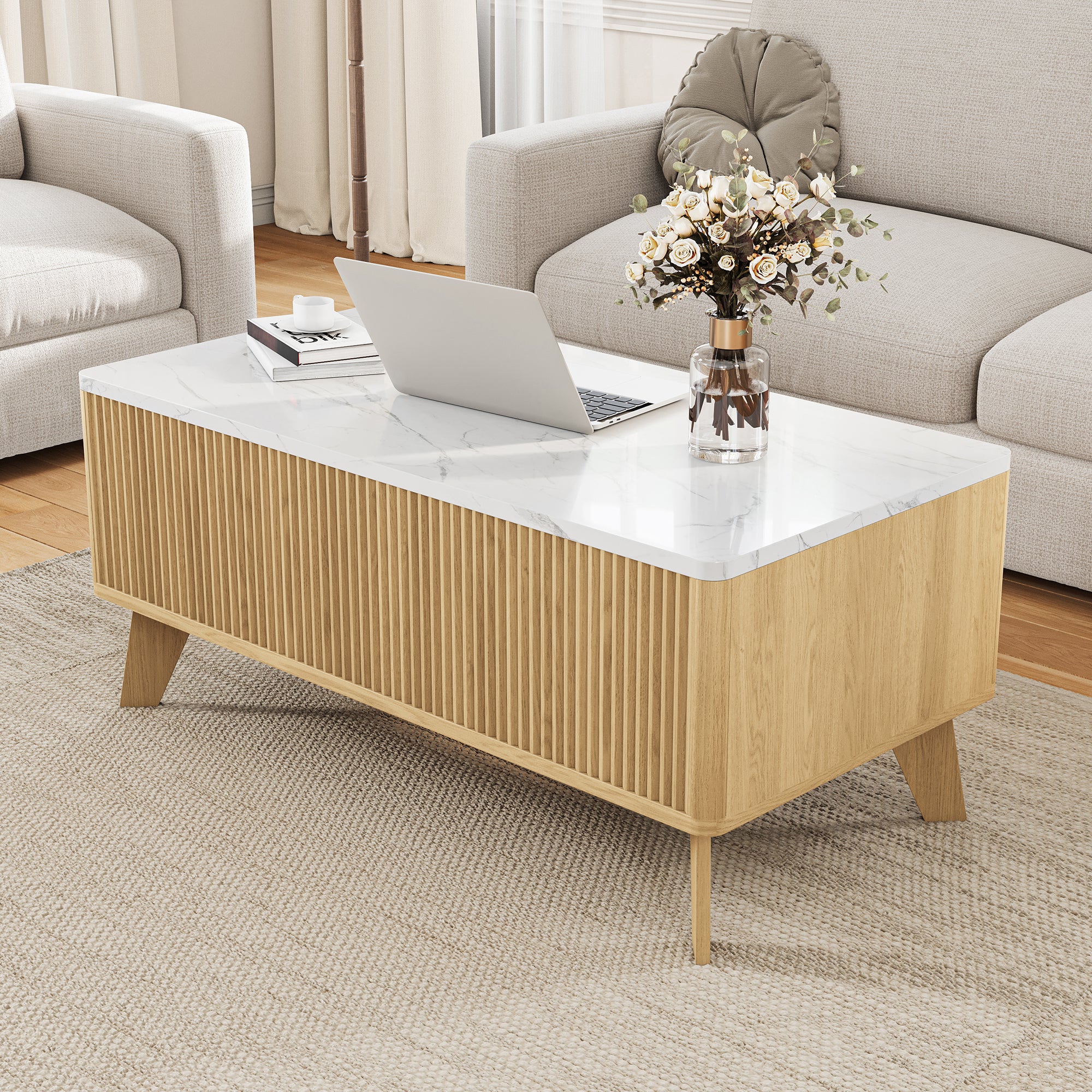 Table Basse,Table de Salon Relevable, Métal Vérin à Gaz, Plateau en Marbre,Compartiment sous Le Plateau,pour Bureau, Salle à Manger, 105x 42 x 53 cm - 8