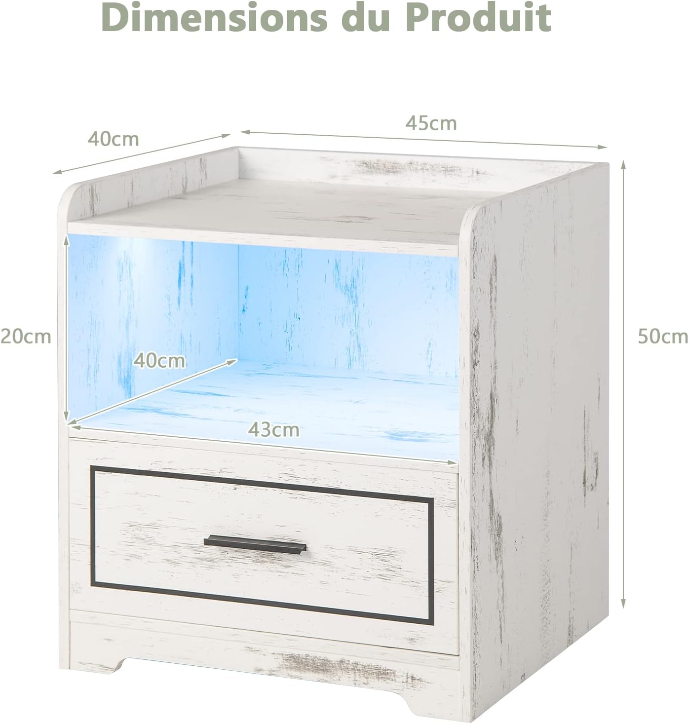 Comodino con LED 45 x 40 x 50 cm, Tavolino Moderno con 1 Porte USB e 1 Type-C, Mobile con Ripiano Aperto e Cassetto, Luci a Colori Variabili ( - 4