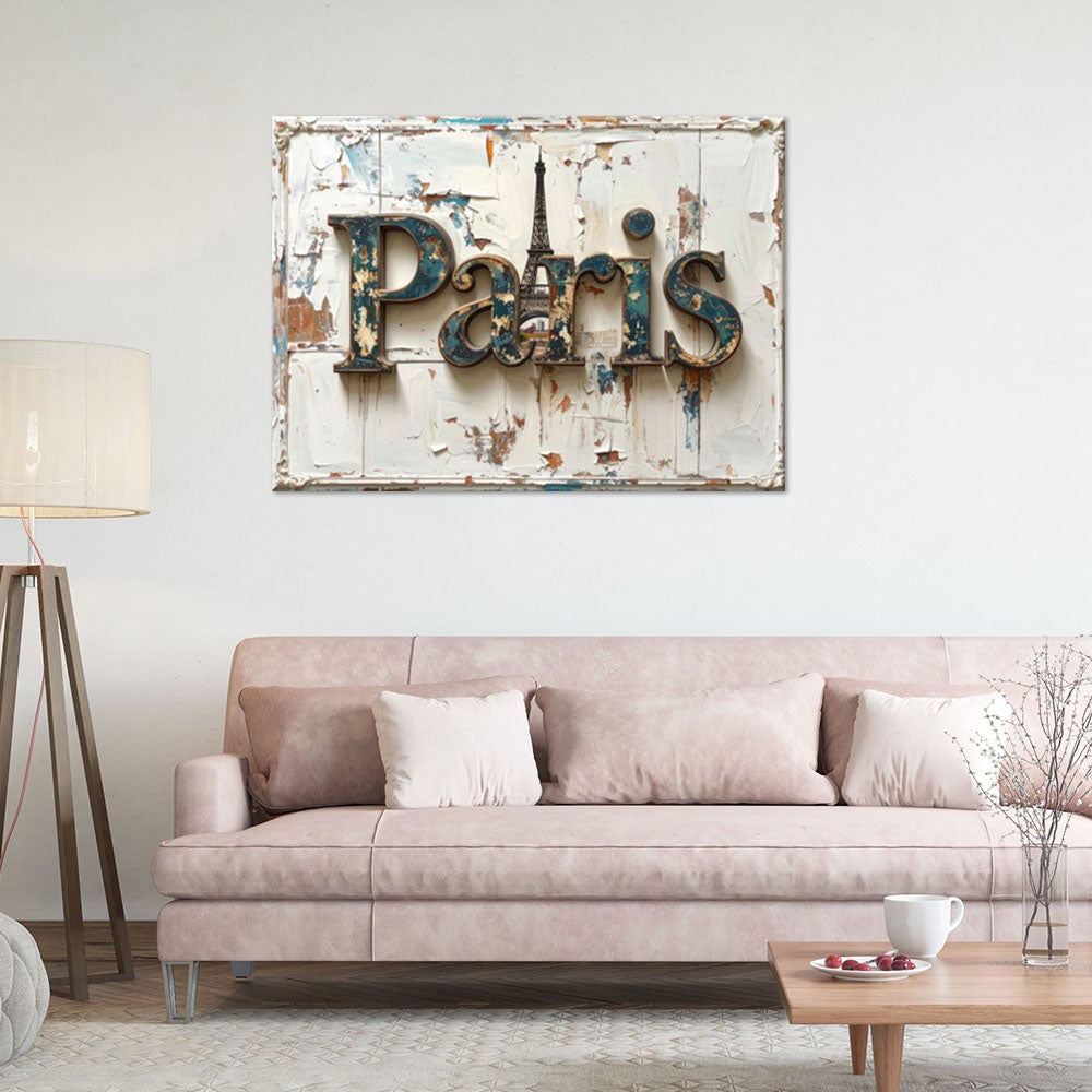 Obraz do salonu biura loftu, Napis Paryż Shabby Chic 90x60 - 2