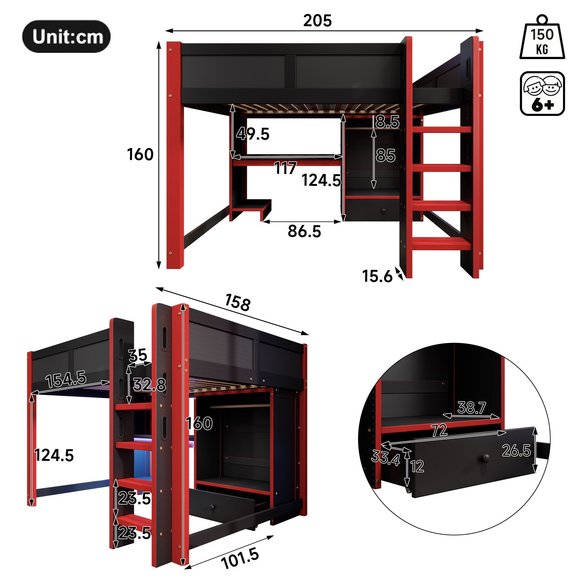 Lit mezzanine adulte 140x200cm avec bureau et éclairage LED, lit superposé en bois avec armoires intégrées et tiroirs - Pin - noir (sans matelas) - 4