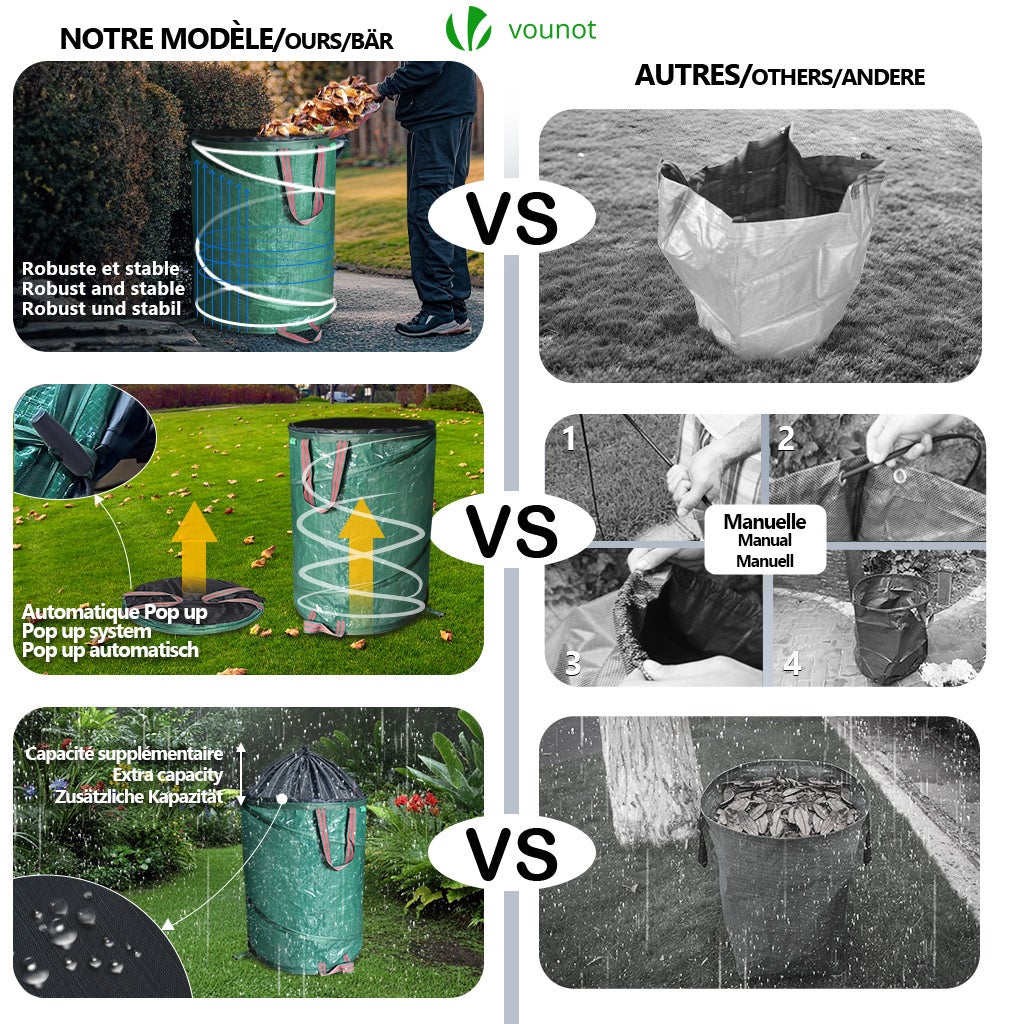 VOUNOT® 3 x 170L Borsa da Giardino per Foglie, Sacchi da Giardinaggio Pop Up, Sacco per Rifiuti da Giardino con Maniglie - 2