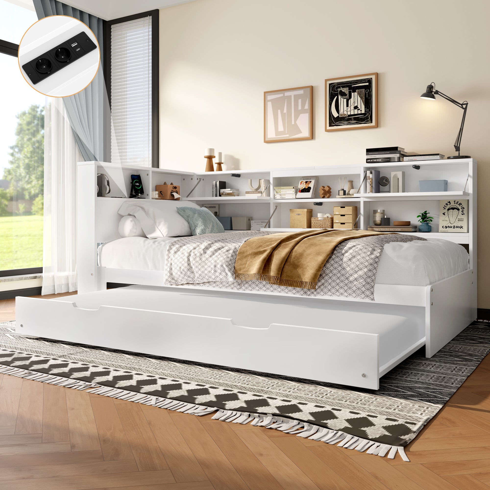 Łóżko wysuwane (90 x 200 cm + 90 x 190 cm) z 3 drzwiami i przegródkami – sosna + MDF + sklejka – gniazdka do ładowania – białe (bez materaca)