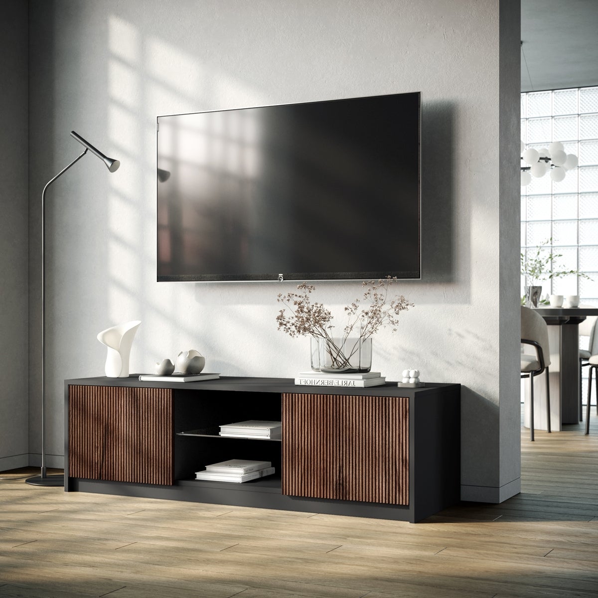 Mobile porta TV moderno con ante frontali cannettate 150x50x45cm Budapest - Marrone - Nero - 2