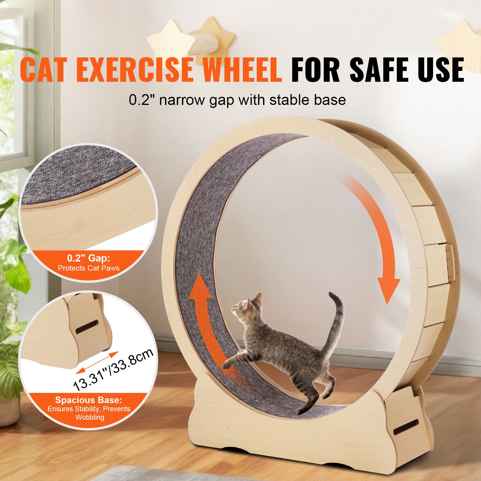 Roue d'exercice en bois pour chat,SucceBuy grande roue tapis roulant de 52 pouces pour chats d'intérieur,roue course avec tapis amovible et teaser - 4