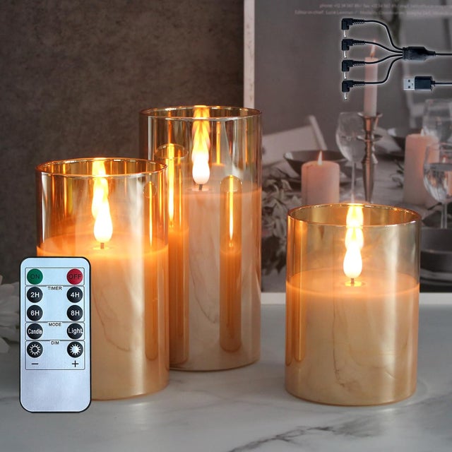 lot de 3 Bougie sans flamme LED, bougie en cire véritable rechargeable avec télécommande et minuterie, bougies électroniques en verre clair doré