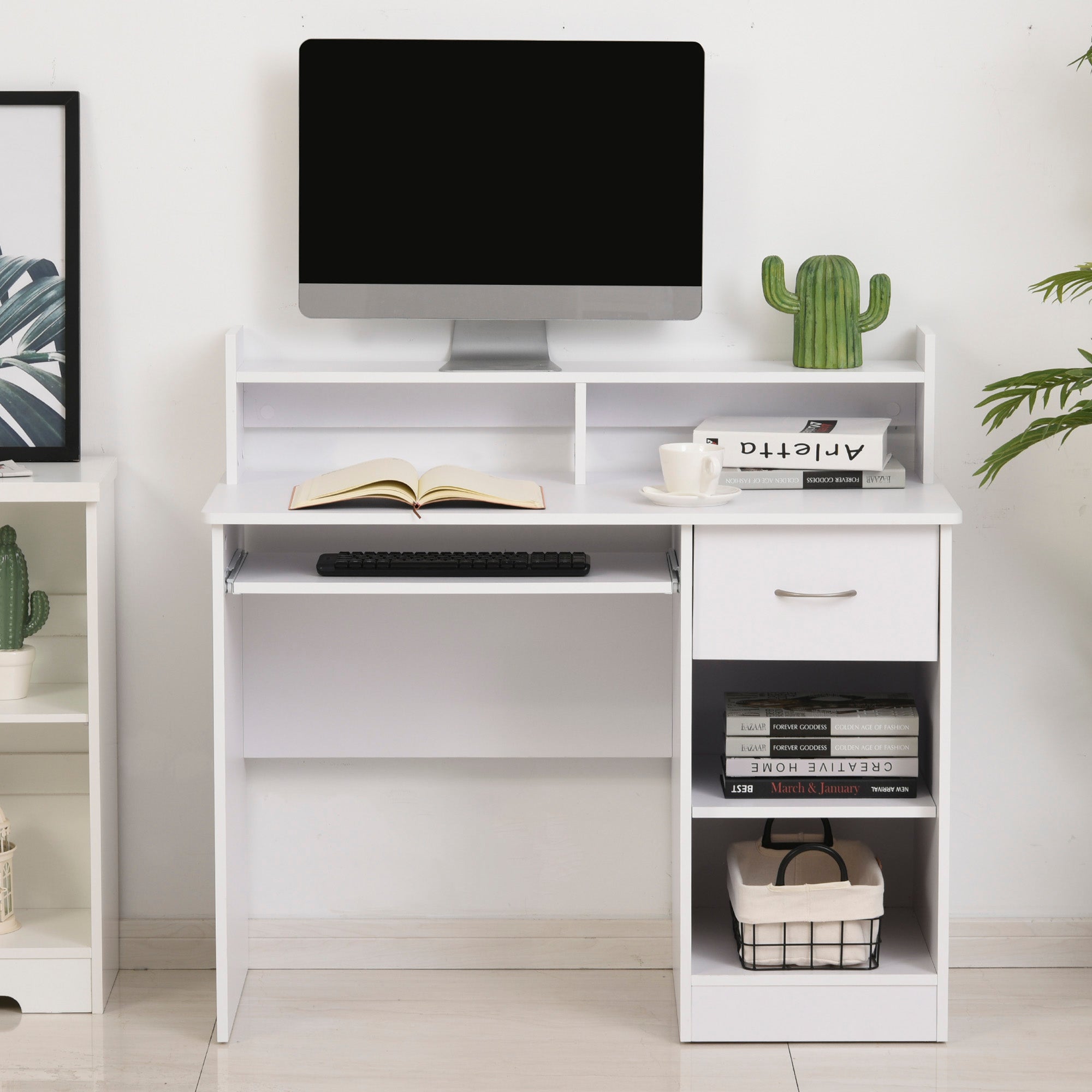 Scrivania Per Computer Compatta In Legno - Bianco Con Ripiano Tastiera E Mensole - Foto 5