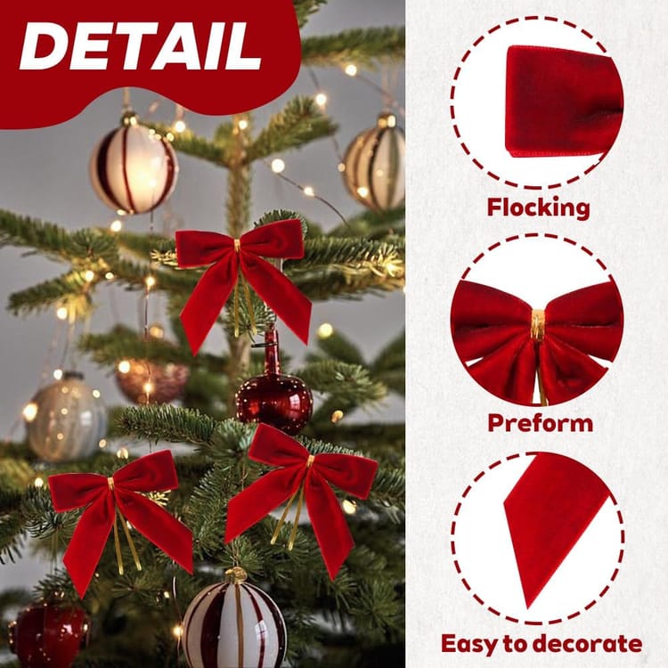 Lot de 24 décorations de Noël pour sapin et maison, nœuds en velours rouge et rubans dorés (rouge) - 3
