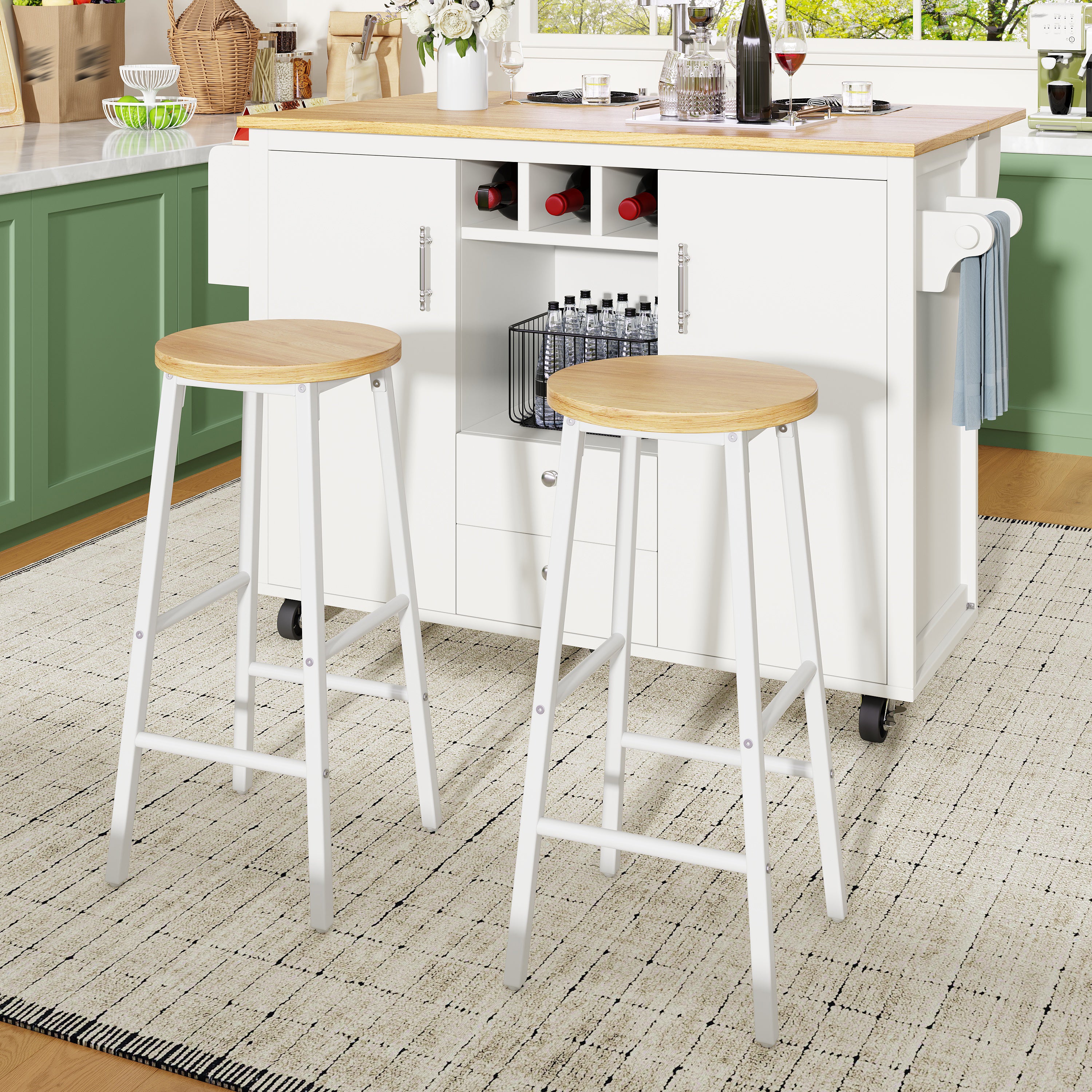 Lot de 2 Tabouret de bar avec repose-pieds et pieds réglables - MDF/métal - 30 x 30 x 63 cm - Blanc + bois naturel - 3